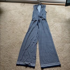 Max Studio Navy Printed Drawstring Jumpsuit